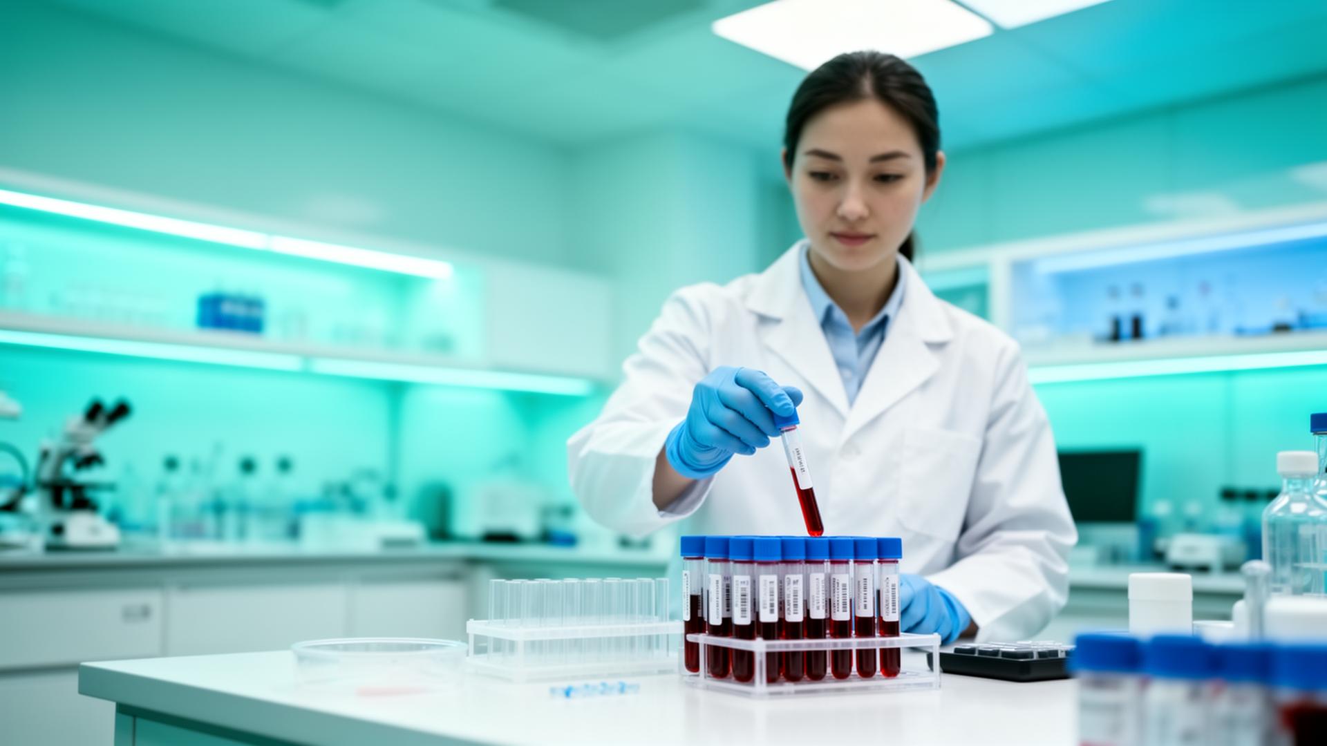 Pathology lab technician handling blood samples at Accura Diagnostics Powai